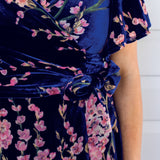 Close-up of blossom blue velvet fabric on the Violet Dress – soft luxurious velvet