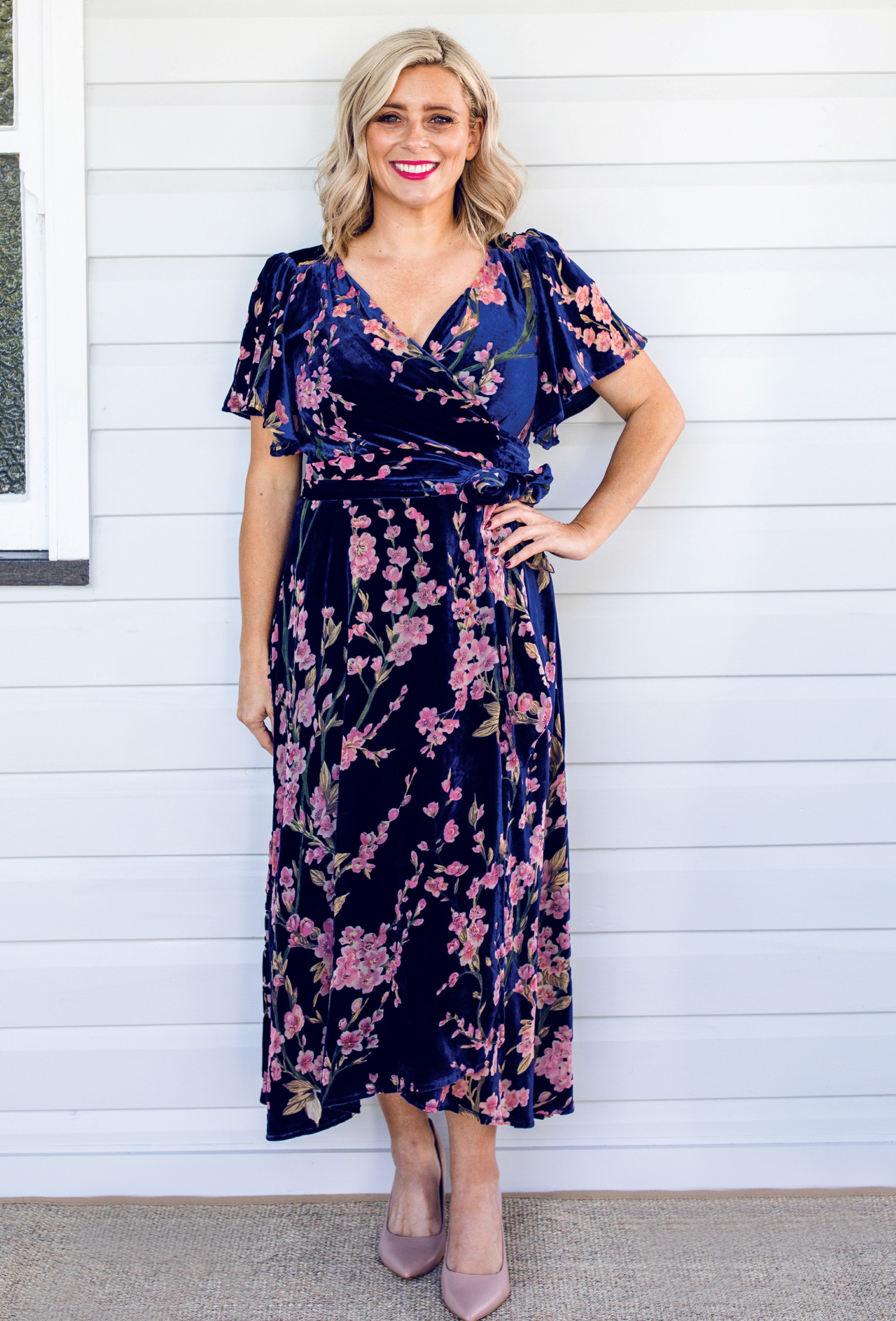 Maiocchi Violet Dress in blossom blue velvet – elegant flared wrap-style evening dress
