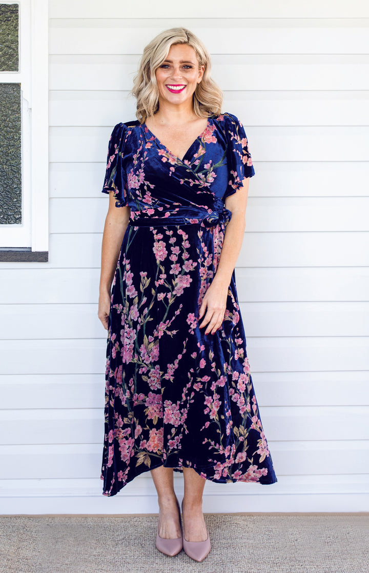 Violet Dress in blossom blue velvet