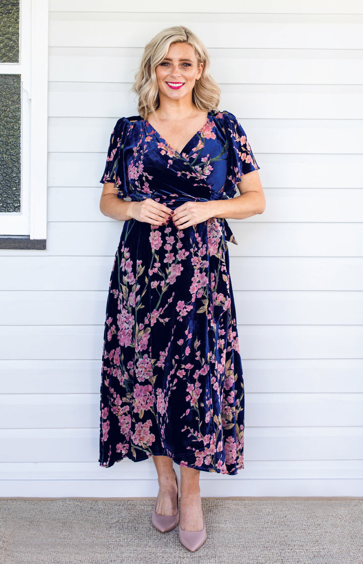 Violet Dress in blossom blue velvet