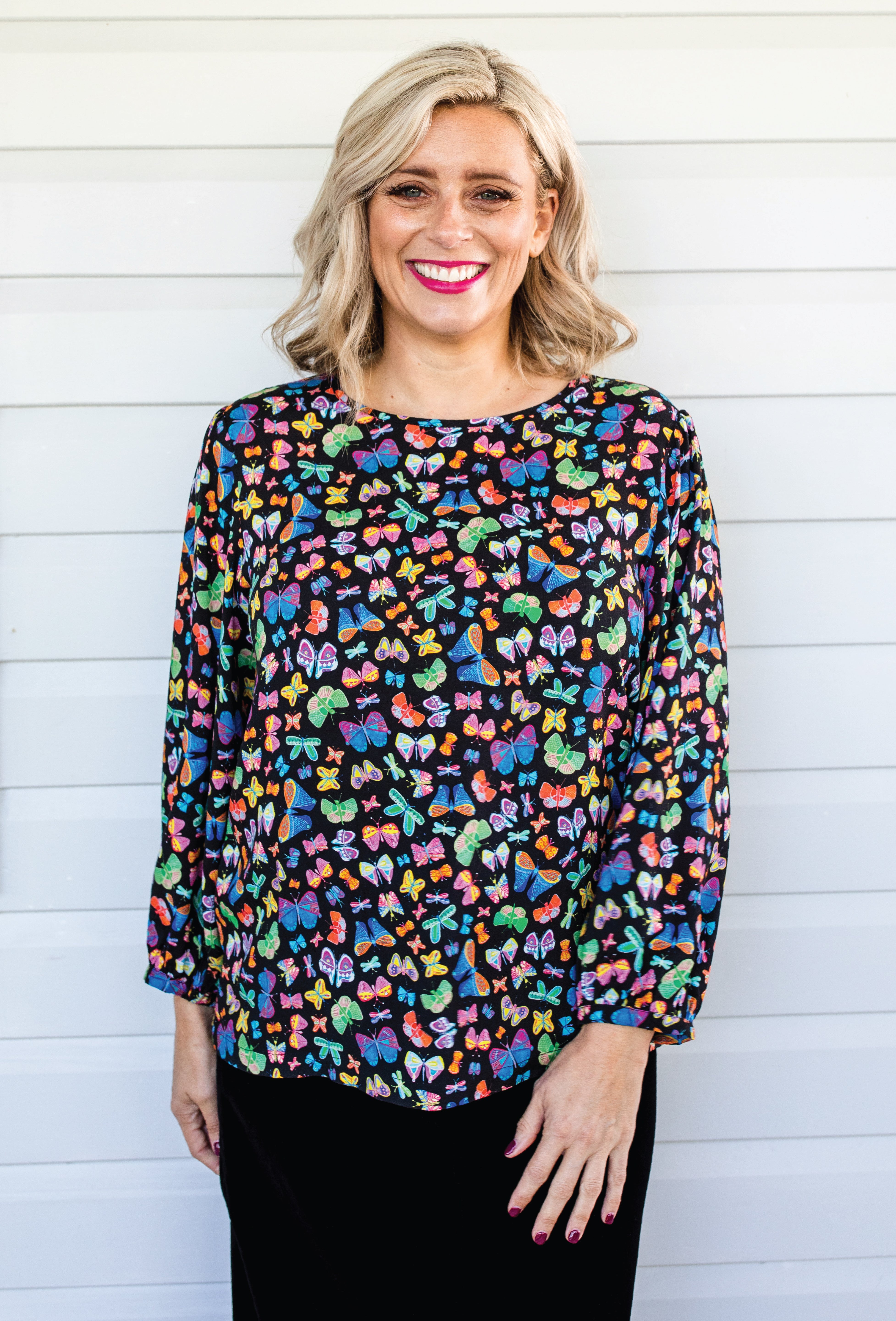 Violet Top in Social Butterfly Black by Maiocchi - butterflies painted by artist Lordy Dordie