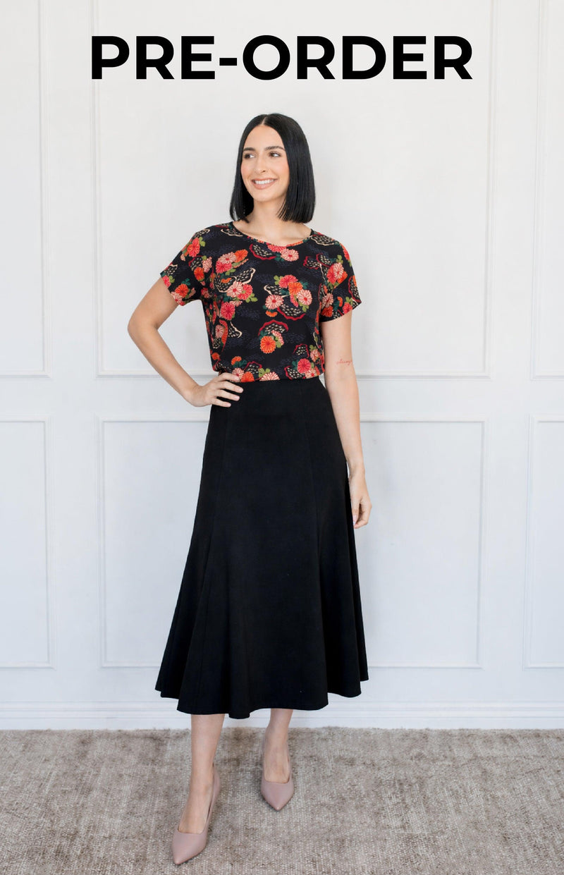 PRE-ORDER Flared Ponte Skirt in black