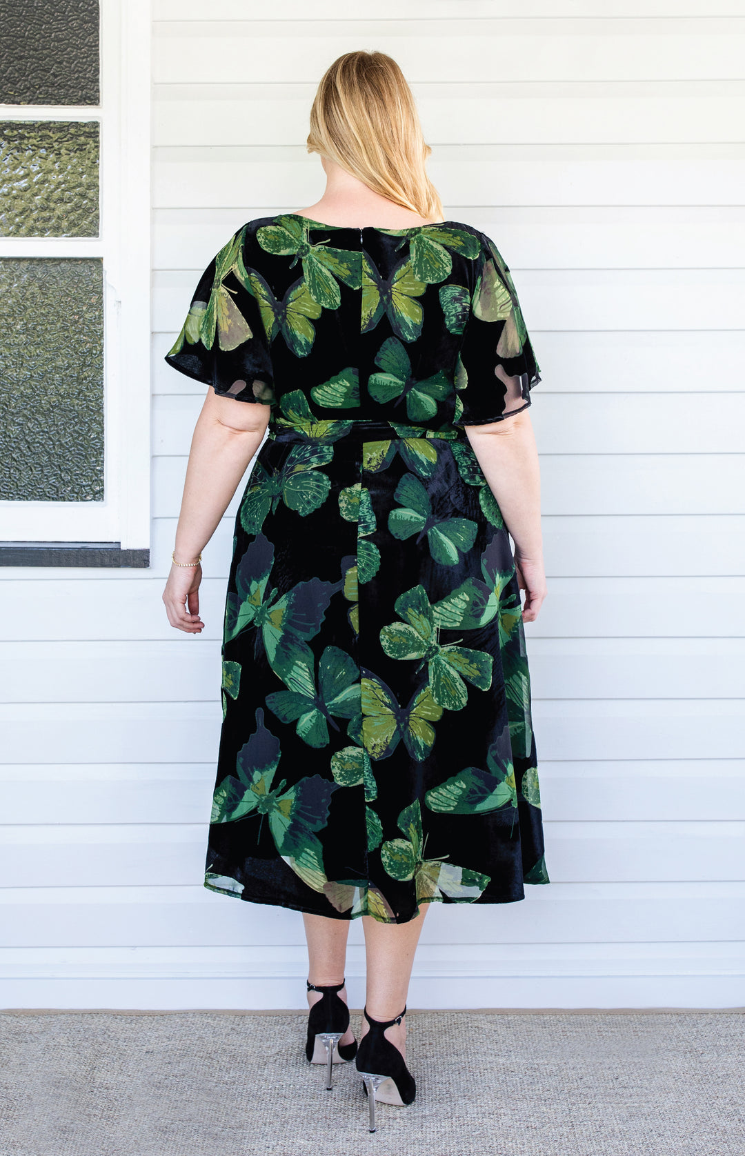 Evie Dress in butterfly velvet green