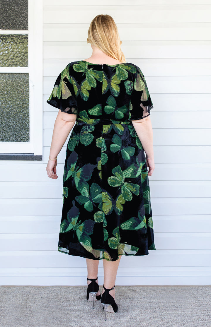 Evie Dress in butterfly velvet green
