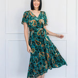 PRE-ORDER Violet Dress in green paisley velvet