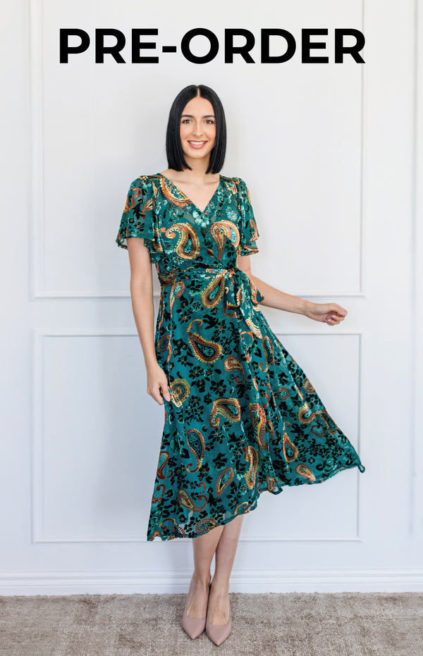 PRE-ORDER Violet Dress in green paisley velvet