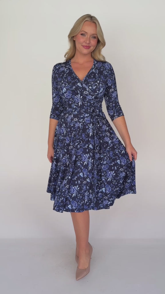 Lucinda Dress in navy swoon, a faux wrap dress, that slips over the head, in size 6-22.