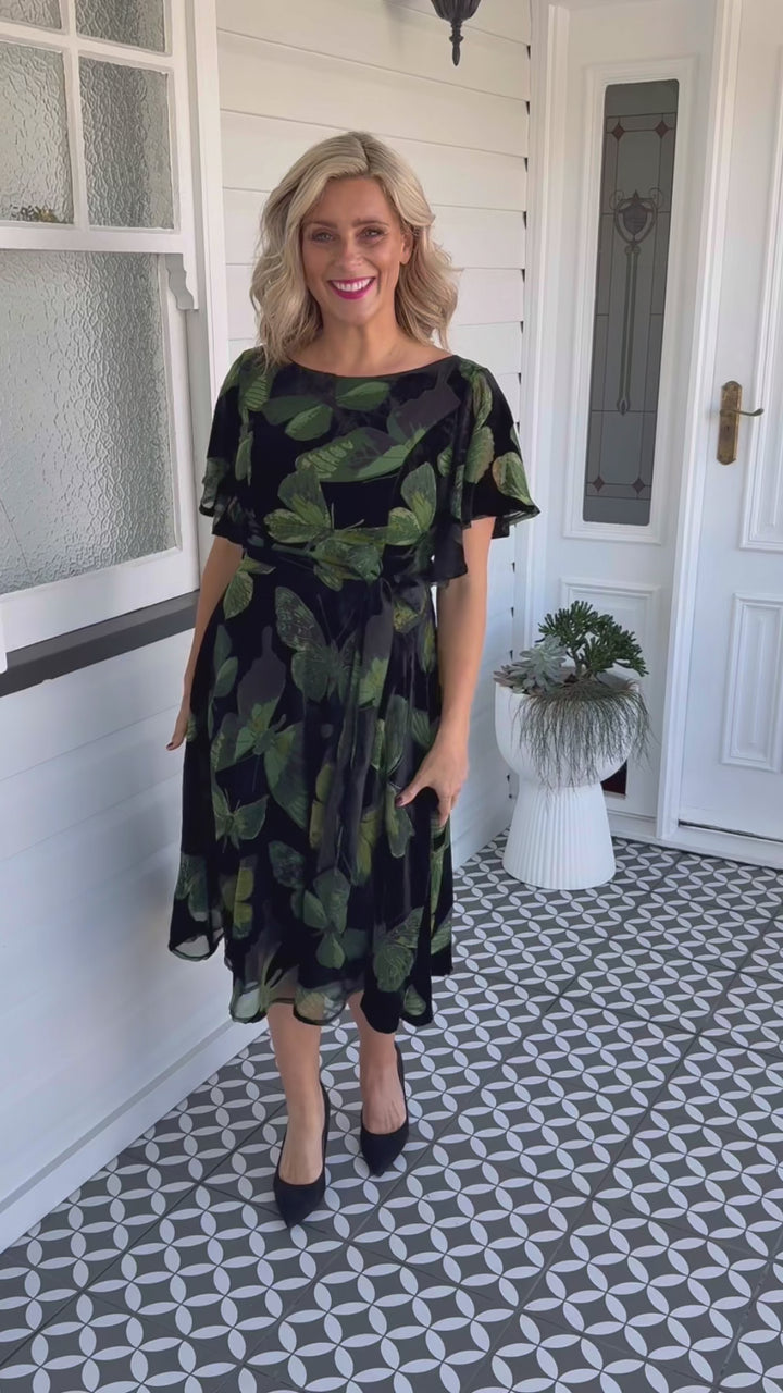 Evie Dress in butterfly velvet green