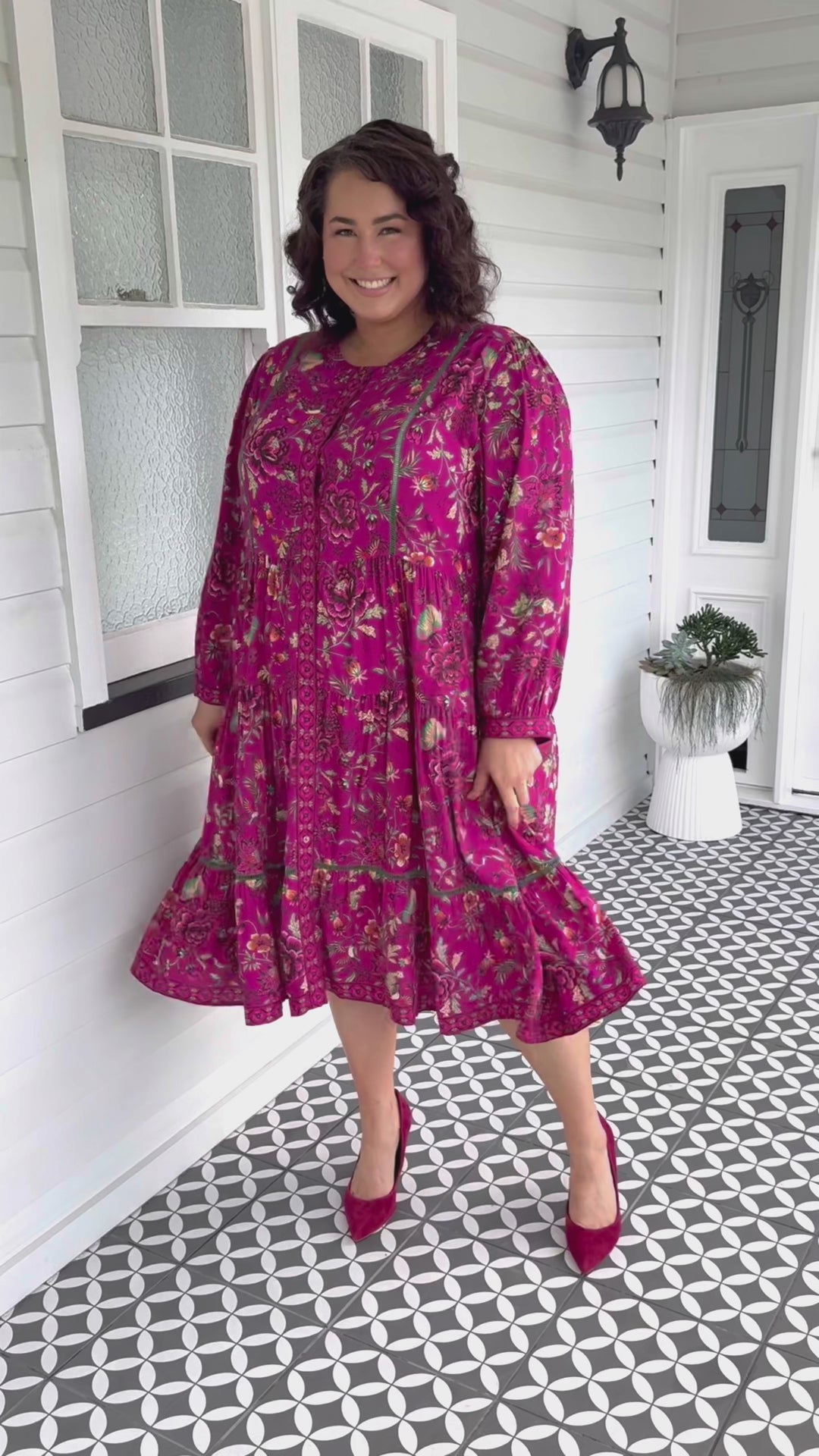 Sophia Dress in flights of fancy grape
