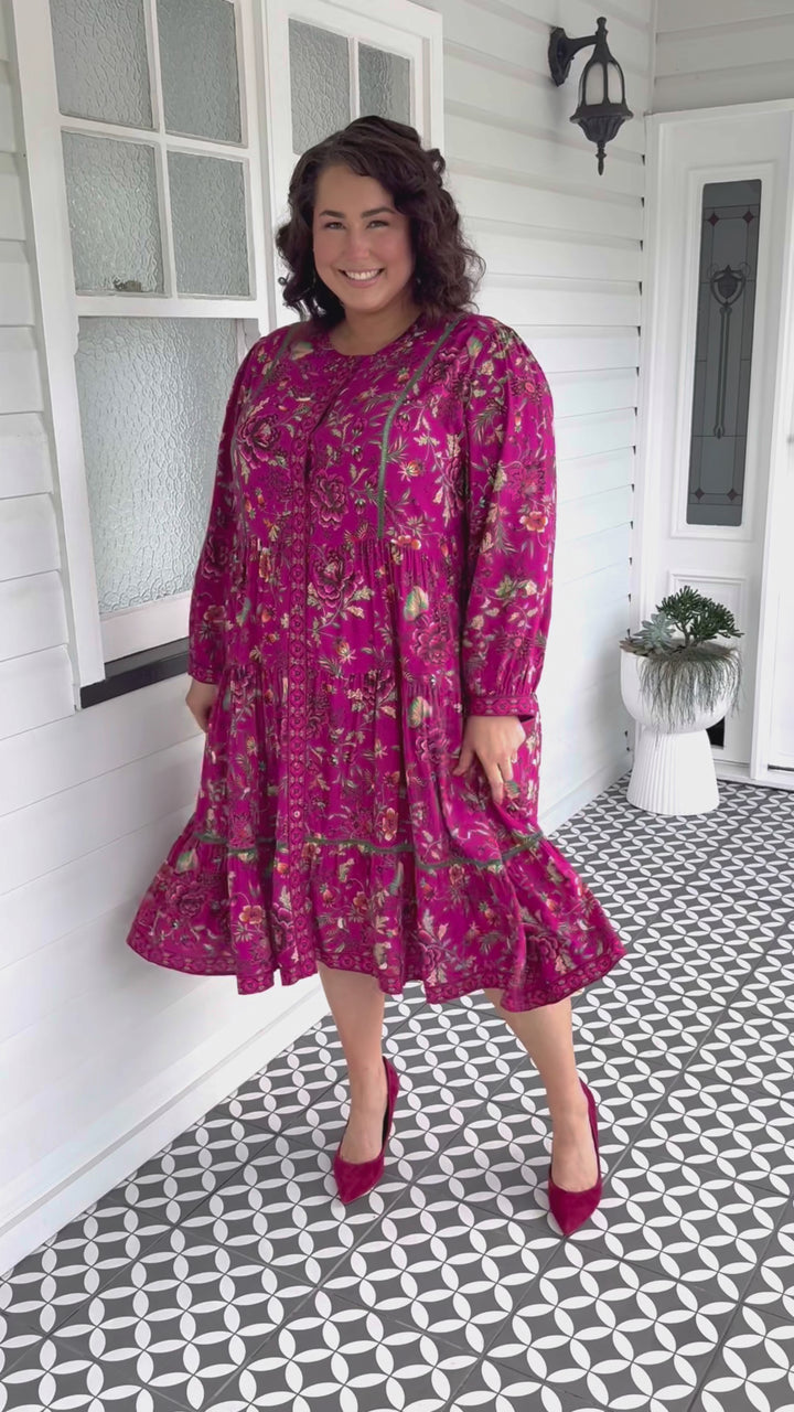 Sophia Dress in flights of fancy grape