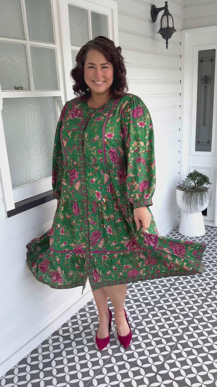 Sophia Dress in flights of fancy green
