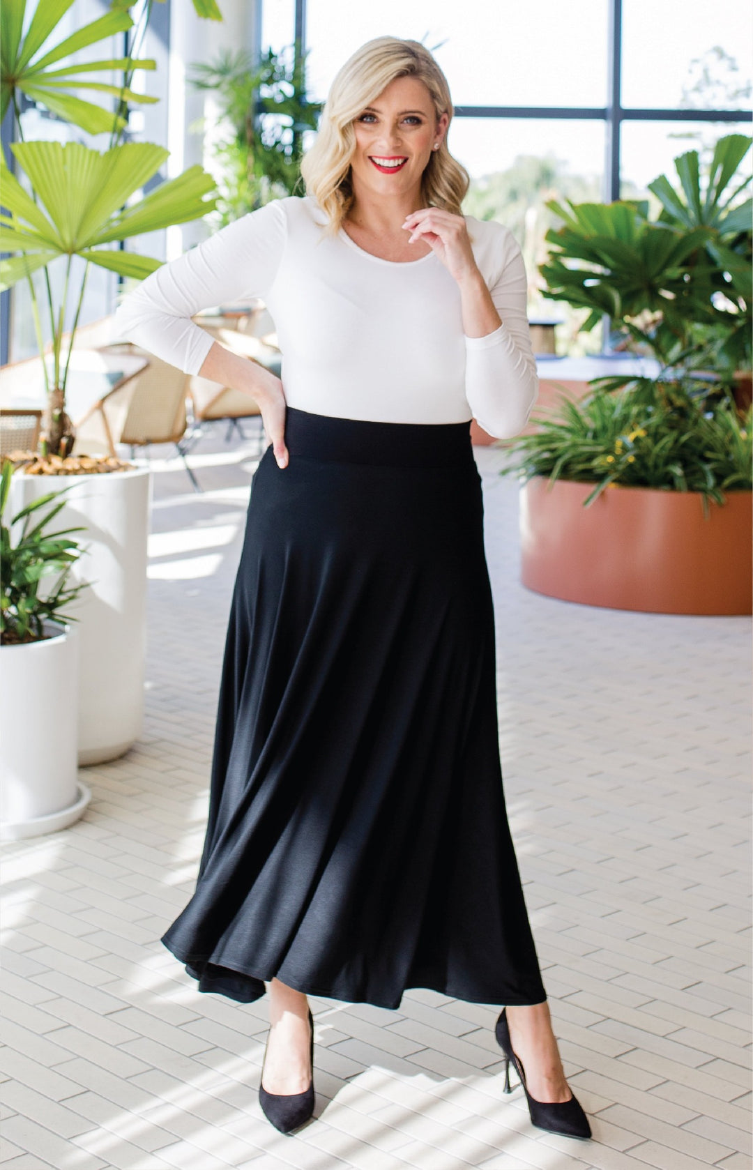 Maiocchi Must Have Bamboo Skirt in black - versatile women’s midi skirt made in buttery bamboo fabric